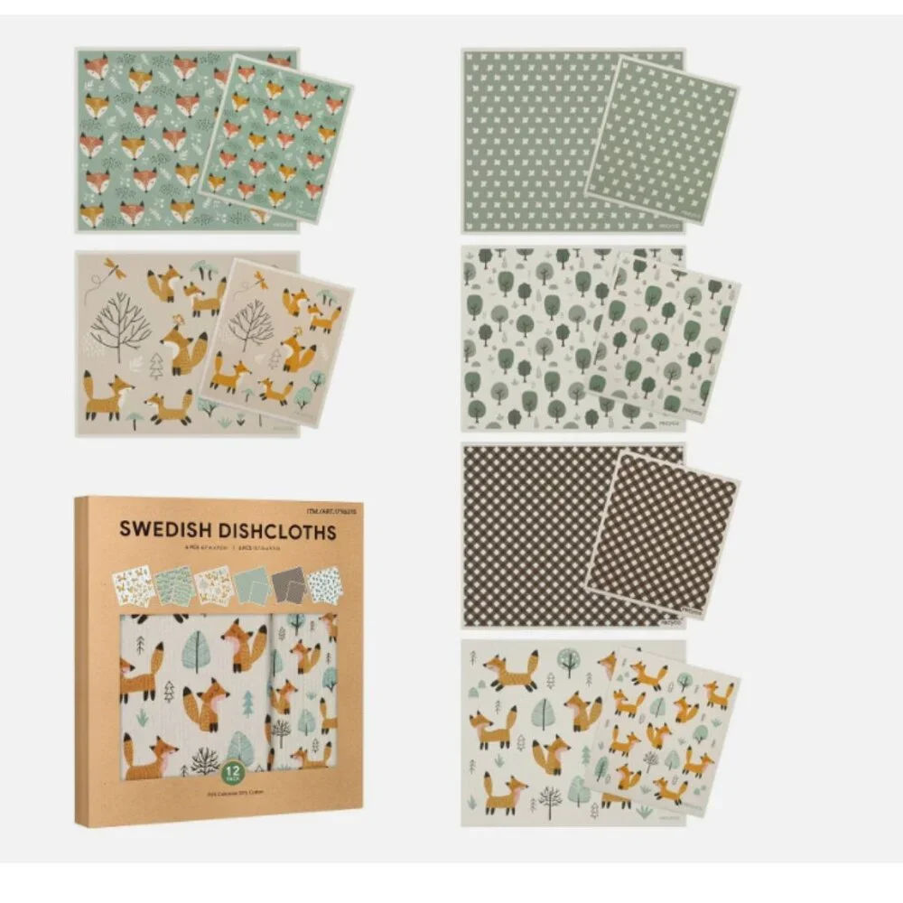 Swedish Dishcloth 12-piece Set Foxes with Trees